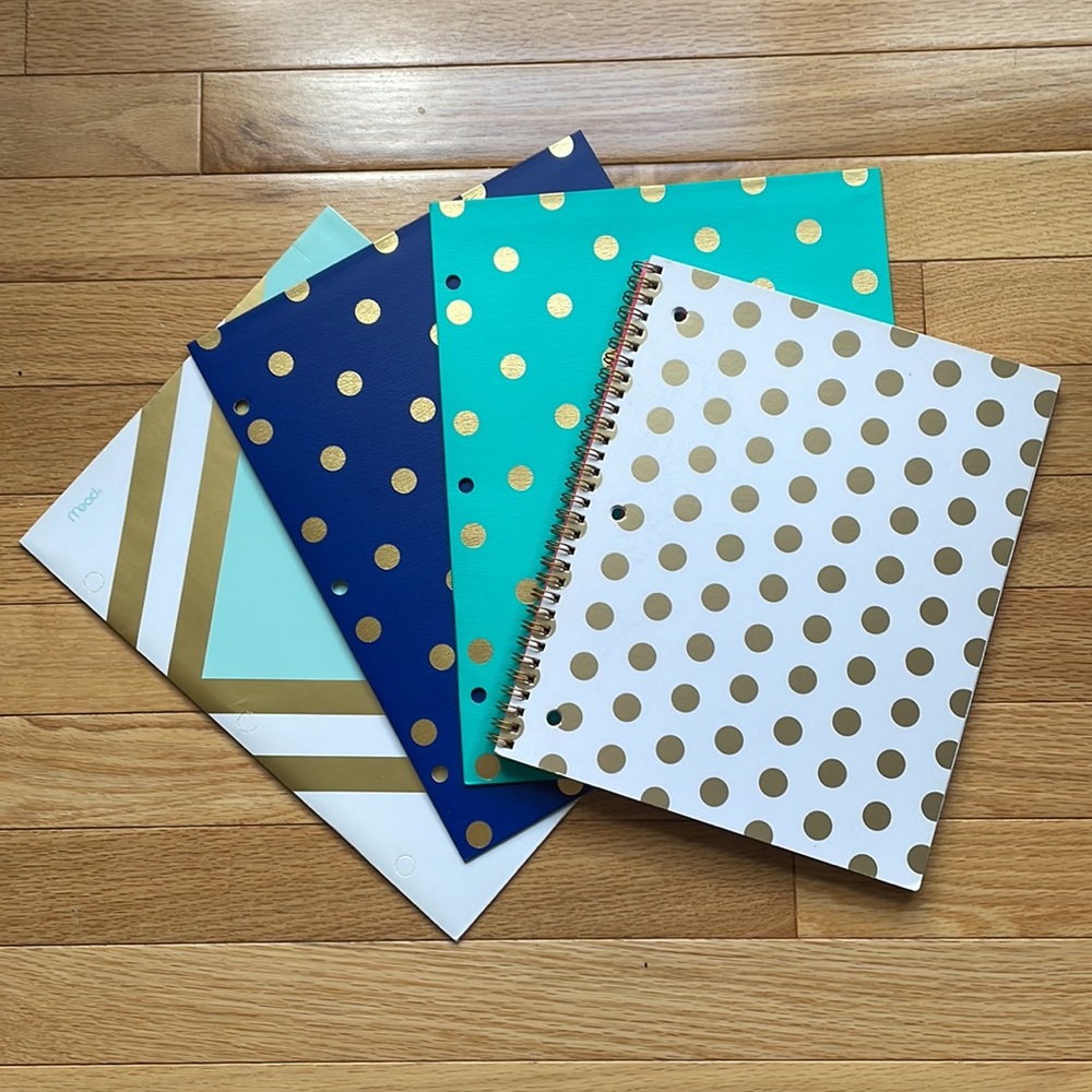 1 spiral notebook and 3 pocket folders